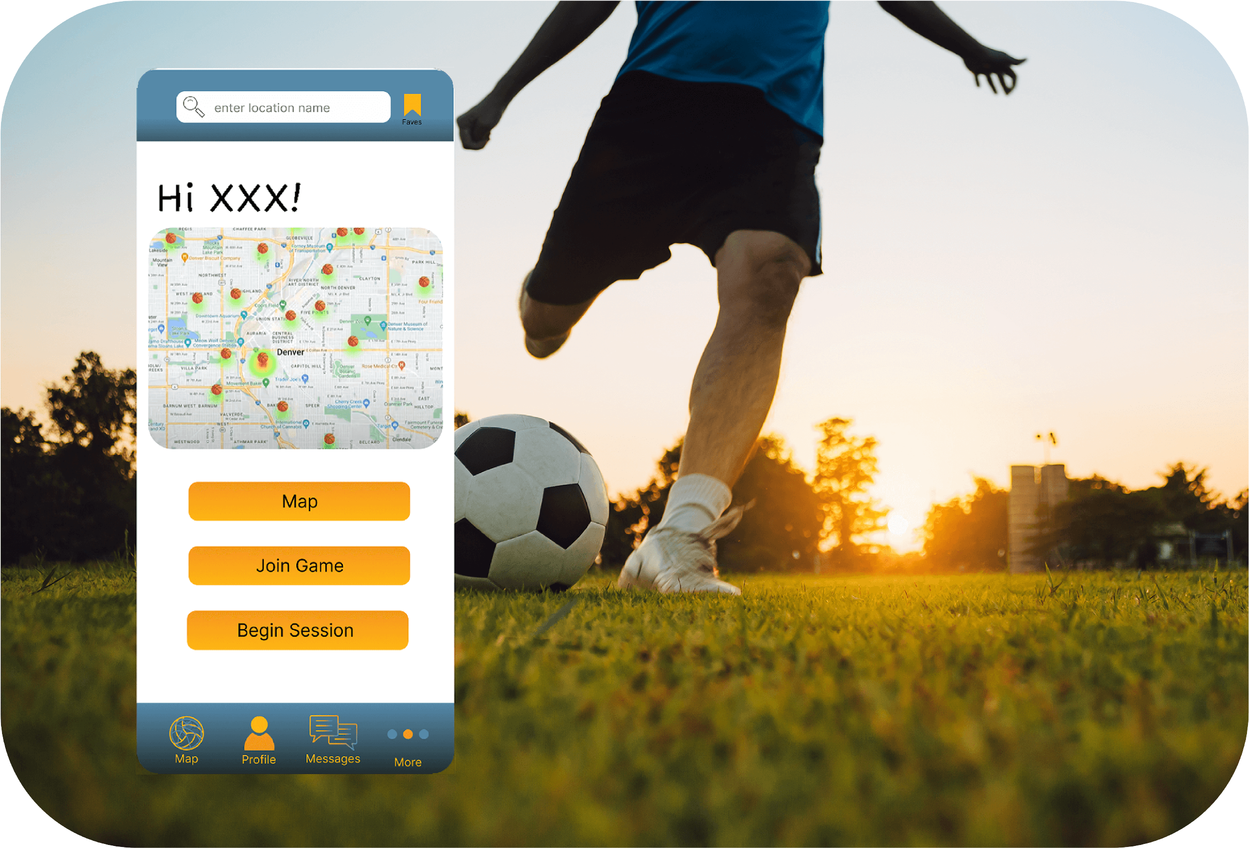 someone kicking a soccerball with an overlay of the app homescreen